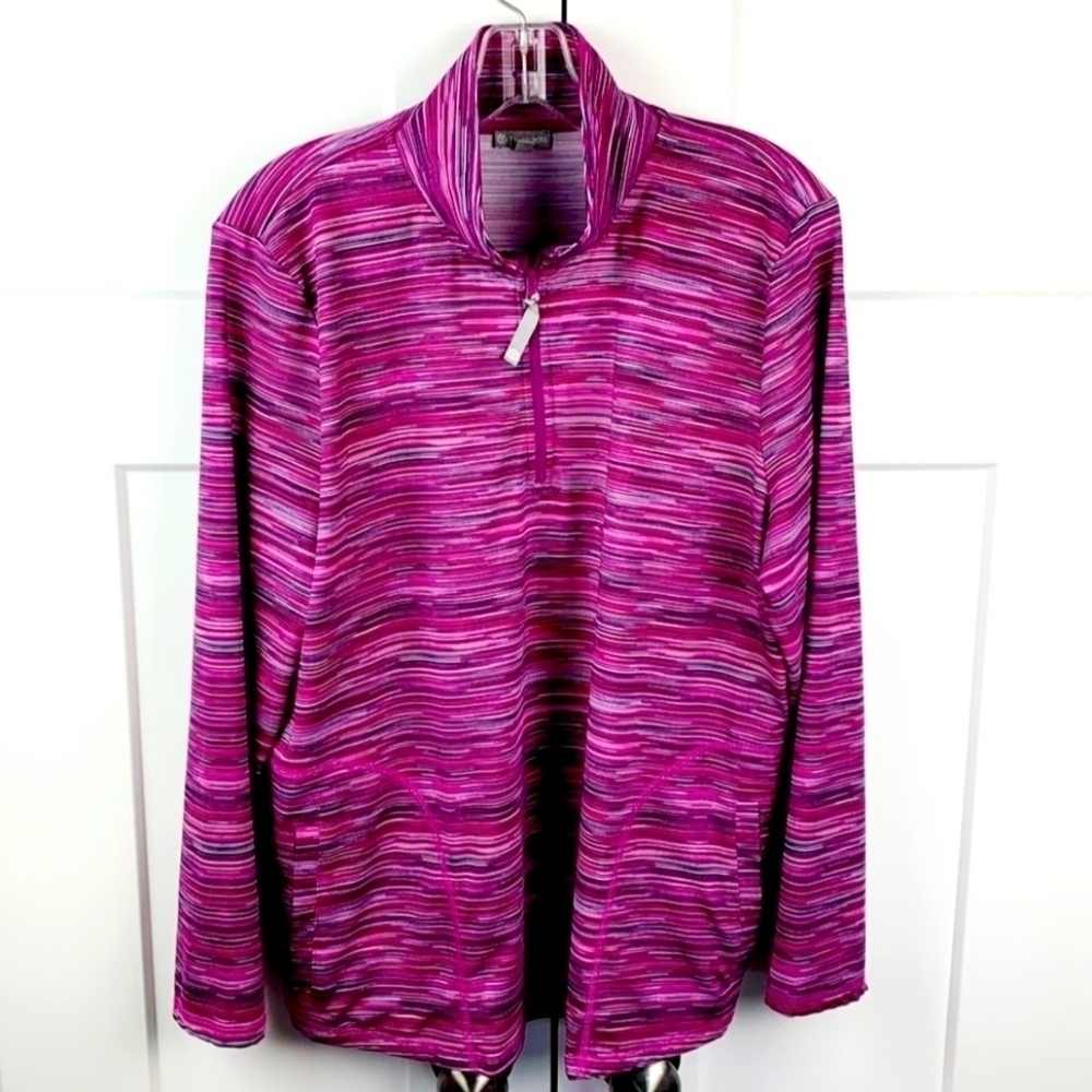 T by Talbots Pink Stripe Pullover Activewear Long Sleeve 1/4 Quarter Zip Size Mp
